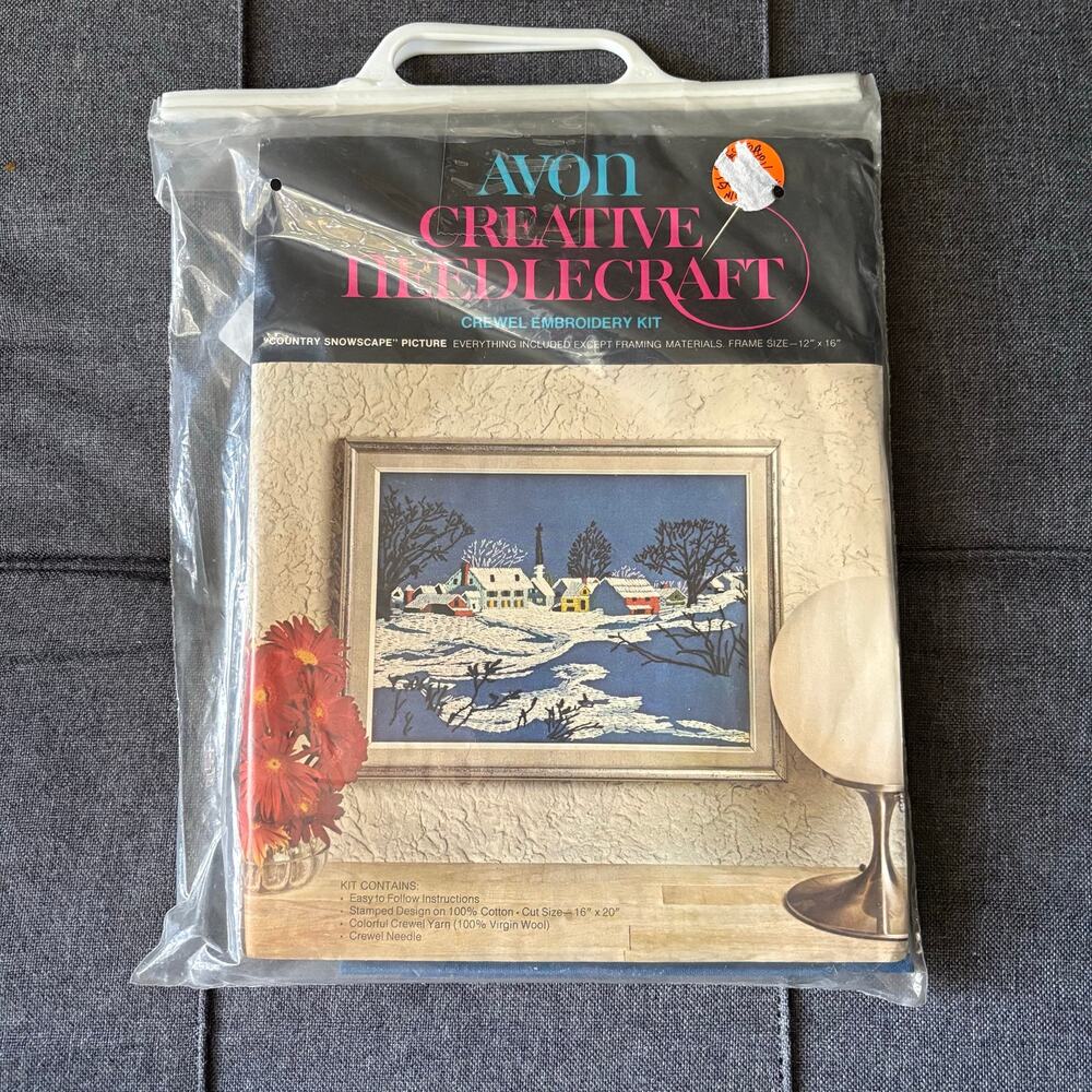 Country Snowscape Vintage Stamped Crewel Needlecraft Embroidery Kit by Avon 1973